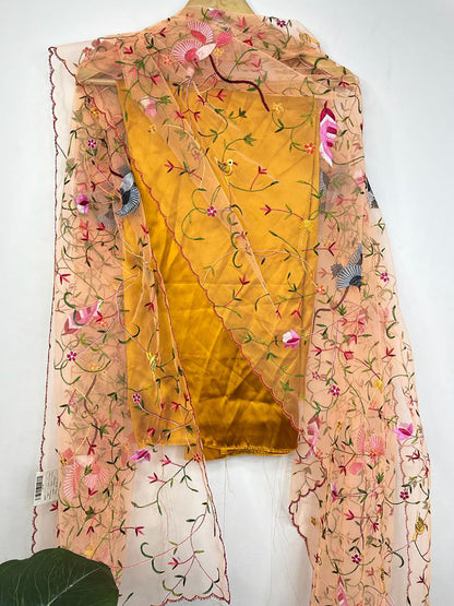 Yellow Pure Silk Three Piece Unstitched Suit Set With Parsi Embroidered Convent Work Net Dupatta - Luxurion World
