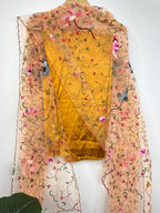 Yellow Pure Silk Three Piece Unstitched Suit Set With Parsi Embroidered Convent Work Net Dupatta - Luxurion World