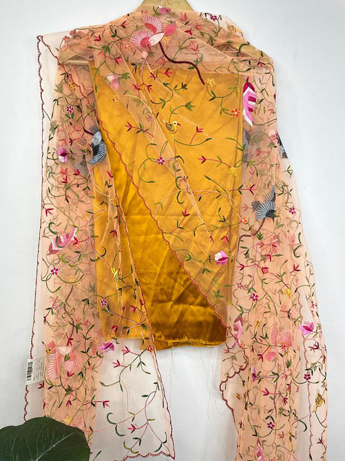 Yellow Pure Silk Three Piece Unstitched Suit Set With Parsi Embroidered Convent Work Net Dupatta - Luxurion World