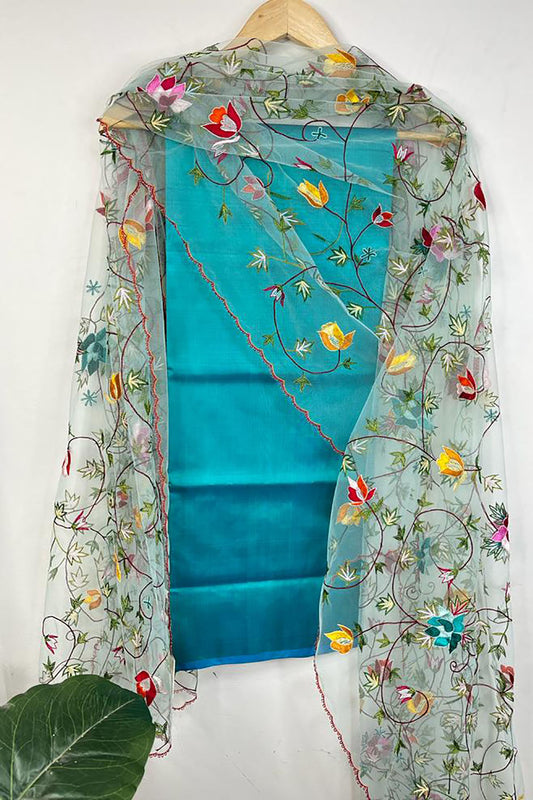 Blue Pure Silk Three Piece Unstitched Suit Set With Parsi Embroidered Convent Work Net Dupatta - Luxurion World