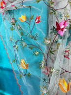 Blue Pure Silk Three Piece Unstitched Suit Set With Parsi Embroidered Convent Work Net Dupatta - Luxurion World