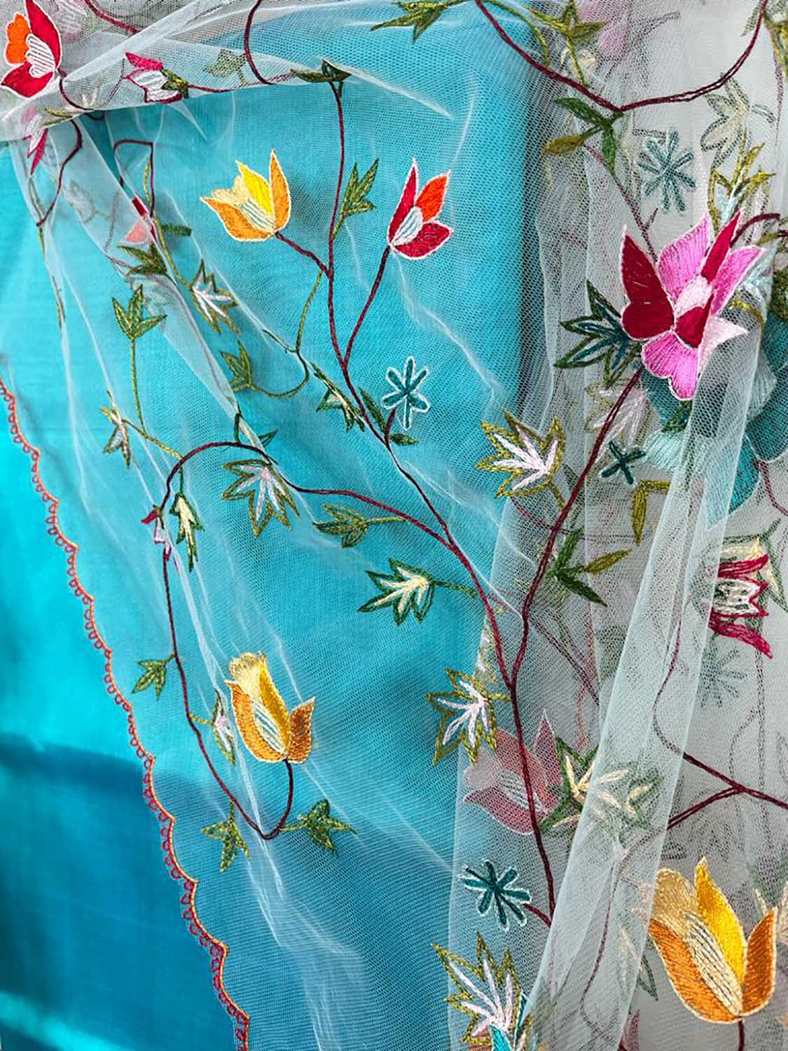 Blue Pure Silk Three Piece Unstitched Suit Set With Parsi Embroidered Convent Work Net Dupatta - Luxurion World