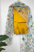 Yellow Pure Silk Three Piece Unstitched Suit Set With Parsi Embroidered Convent Work Net Dupatta - Luxurion World
