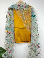 Yellow Pure Silk Three Piece Unstitched Suit Set With Parsi Embroidered Convent Work Net Dupatta - Luxurion World