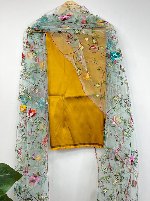 Yellow Pure Silk Three Piece Unstitched Suit Set With Parsi Embroidered Convent Work Net Dupatta - Luxurion World