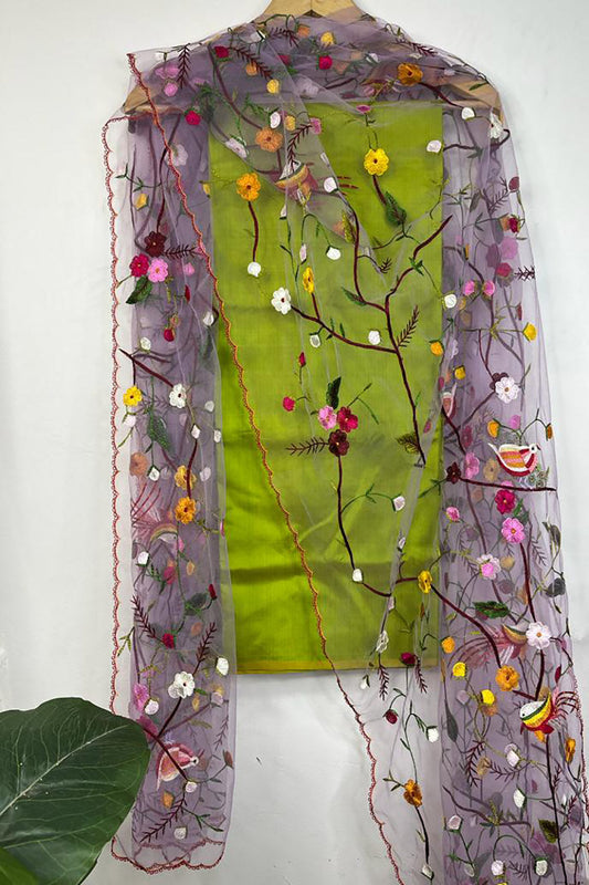 Green Pure Silk Three Piece Unstitched Suit Set With Parsi Embroidered Convent Work Net Dupatta - Luxurion World