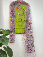 Green Pure Silk Three Piece Unstitched Suit Set With Parsi Embroidered Convent Work Net Dupatta - Luxurion World