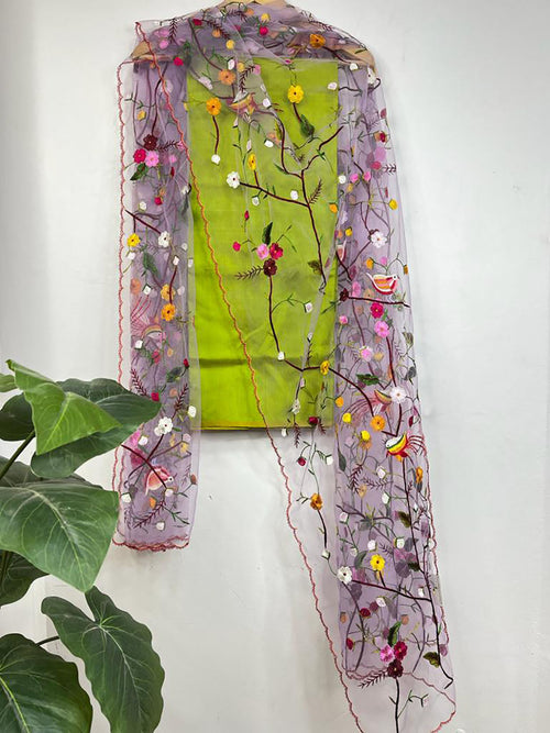 Green Pure Silk Three Piece Unstitched Suit Set With Parsi Embroidered Convent Work Net Dupatta - Luxurion World