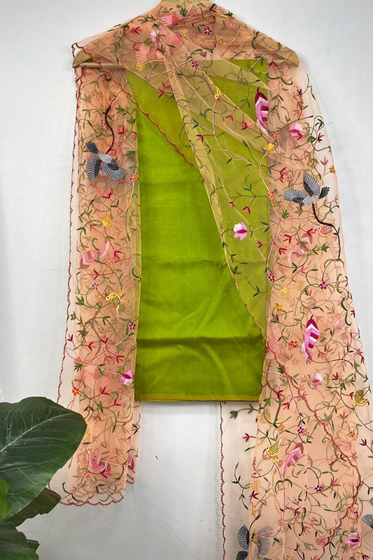Green Pure Silk Three Piece Unstitched Suit Set With Parsi Embroidered Convent Work Net Dupatta