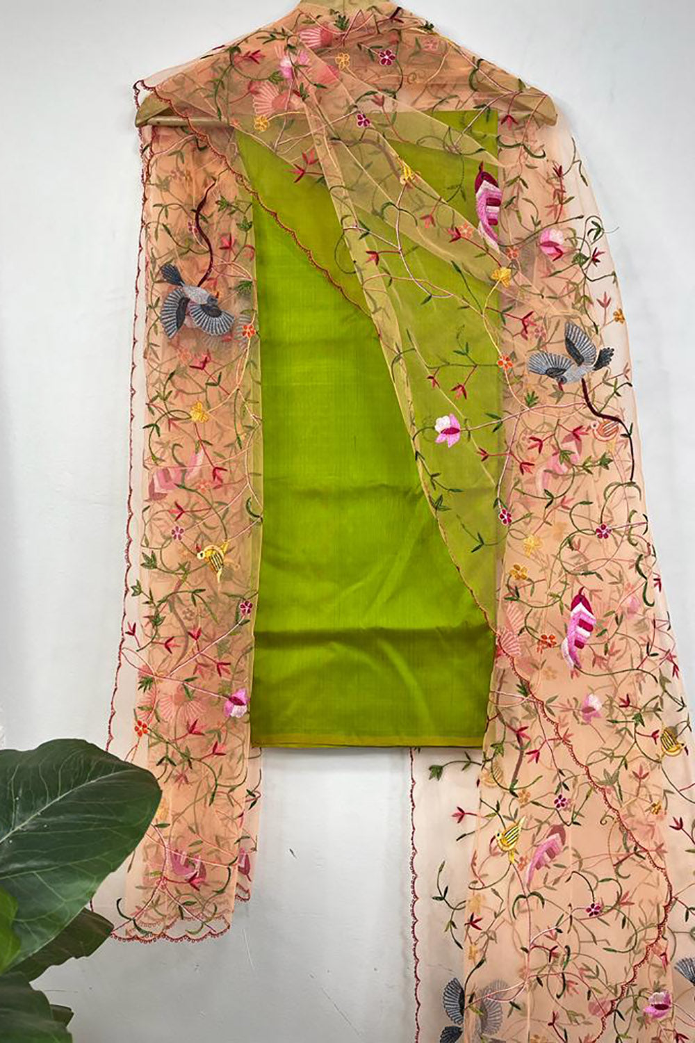 Green Pure Silk Three Piece Unstitched Suit Set With Parsi Embroidered Convent Work Net Dupatta - Luxurion World