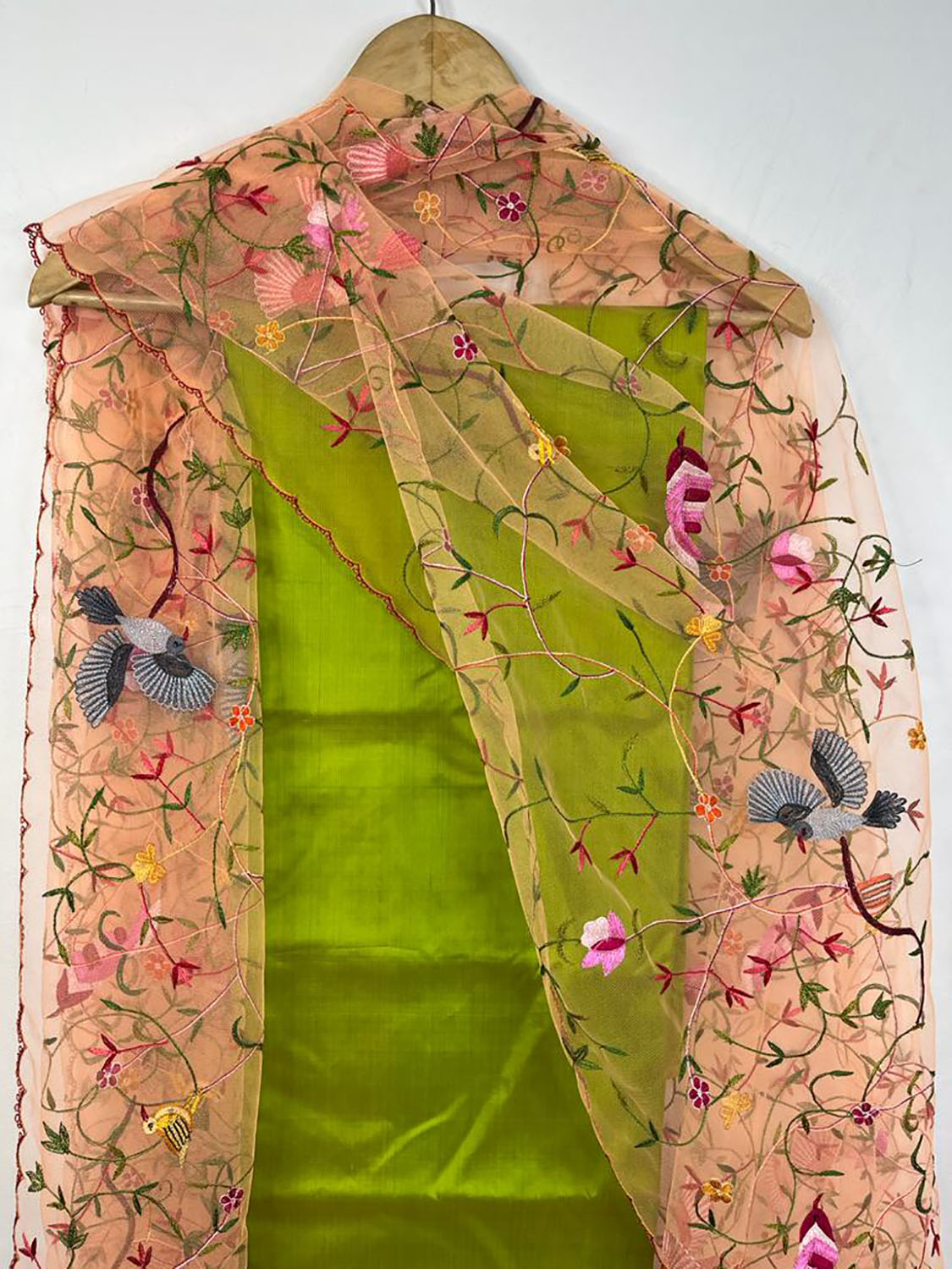 Green Pure Silk Three Piece Unstitched Suit Set With Parsi Embroidered Convent Work Net Dupatta - Luxurion World