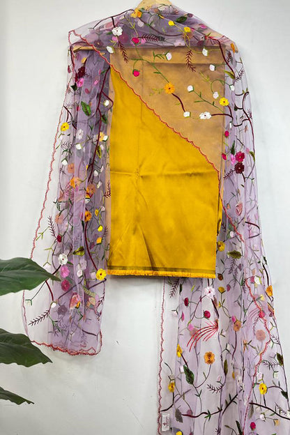 Yellow Pure Silk Three Piece Unstitched Suit Set With Parsi Embroidered Convent Work Net Dupatta - Luxurion World