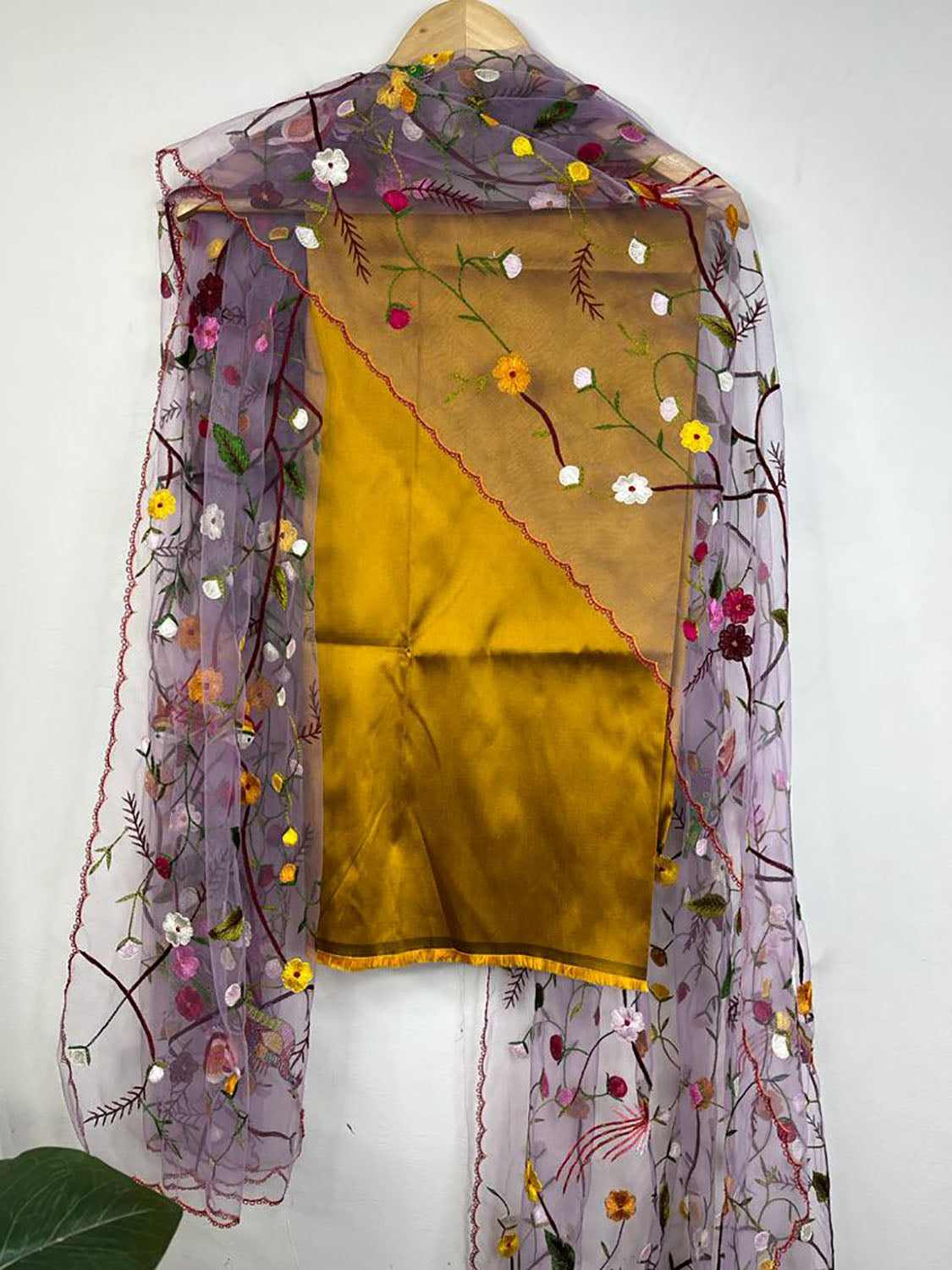 Yellow Pure Silk Three Piece Unstitched Suit Set With Parsi Embroidered Convent Work Net Dupatta - Luxurion World