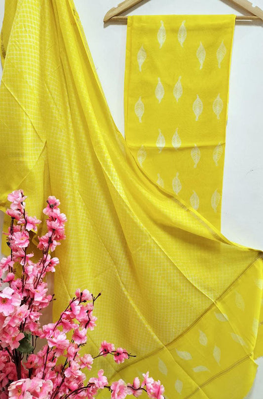 Yellow Shibori Cotton Silk Two Piece Unstitched Suit Set