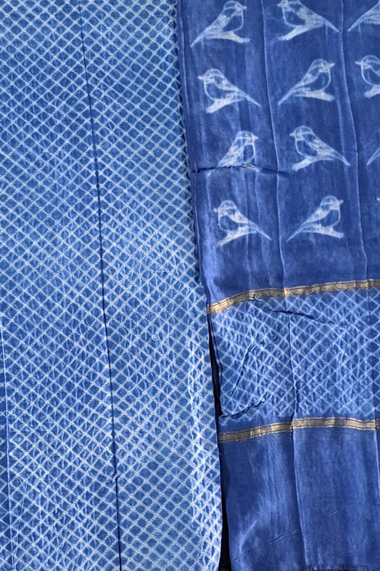 Chic Shibori Cotton Silk Suit Set: Blue, Unstitched Elegance - Luxurion World