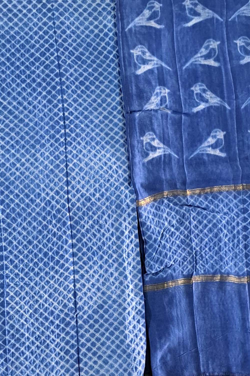 Chic Shibori Cotton Silk Suit Set: Blue, Unstitched Elegance - Luxurion World
