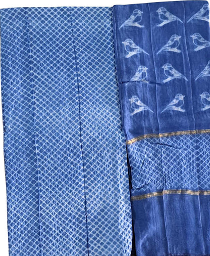 Chic Shibori Cotton Silk Suit Set: Blue, Unstitched Elegance - Luxurion World