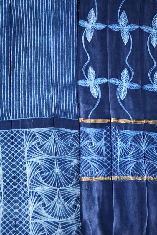 Blue Shibori Cotton Silk Two Piece Unstitched Suit Set: Elegant Ethnic Attire - Luxurion World