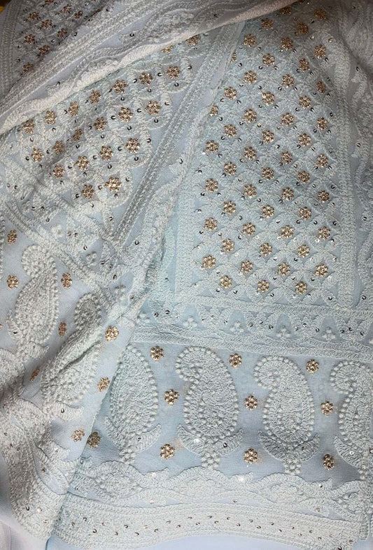 Blue Chikankari Embroidered Georgette Fabric ( 1 Mtr )