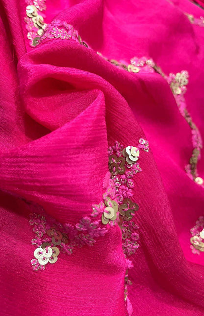 Pink Embroidered Trendy Pure Chinon Sequins Work Fabric - Luxurion World