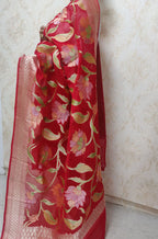 Red Handloom Banarasi Brush Dye Pure Georgette Dupatta - Luxurion World