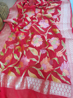 Red Handloom Banarasi Brush Dye Pure Georgette Dupatta - Luxurion World