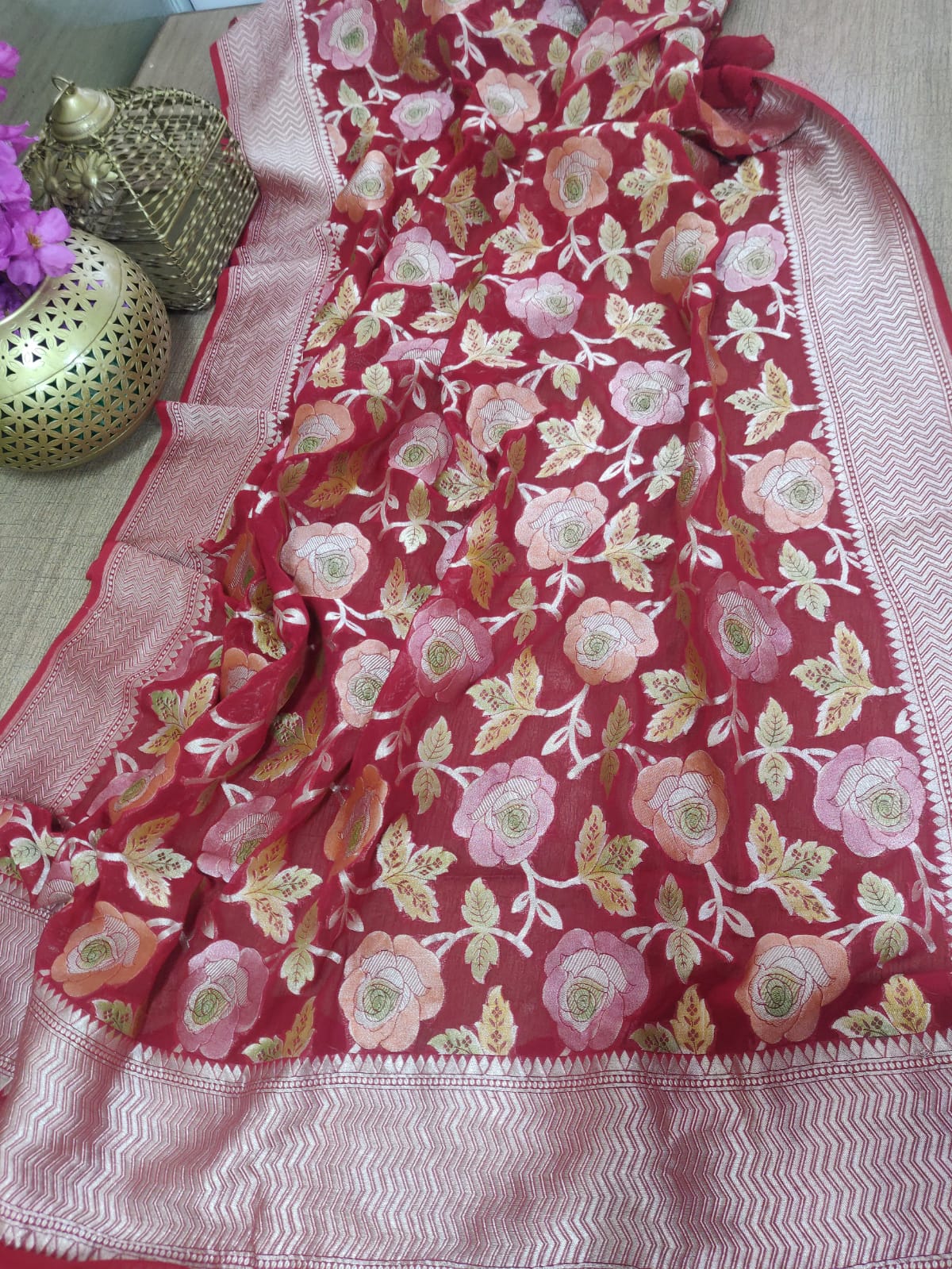 Maroon Handloom Banarasi Brush Dye Pure Georgette Dupatta - Luxurion World