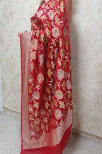 Red Handloom Banarasi Brush Dye Pure Georgette Dupatta - Luxurion World