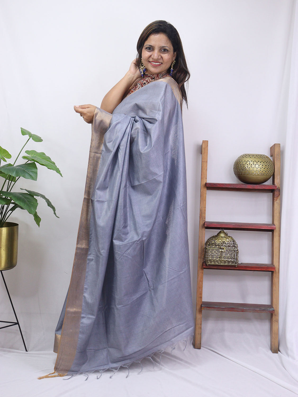 Grey Plain Bhagalpur Kota Silk Saree - Luxurion World