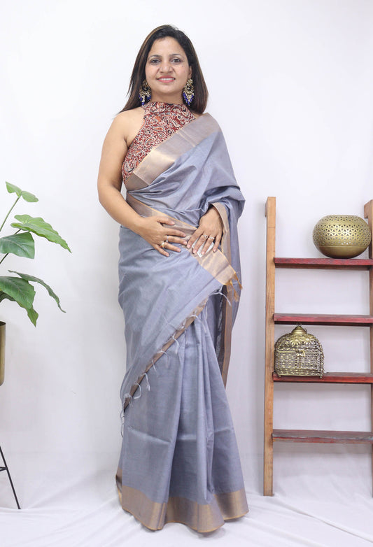 Grey Plain Bhagalpur Kota Silk Saree - Luxurion World