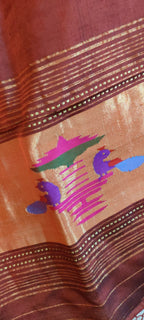 Maroon And Brown Handloom Paithani Pure Silk Peacock Design Dupatta - Luxurion World