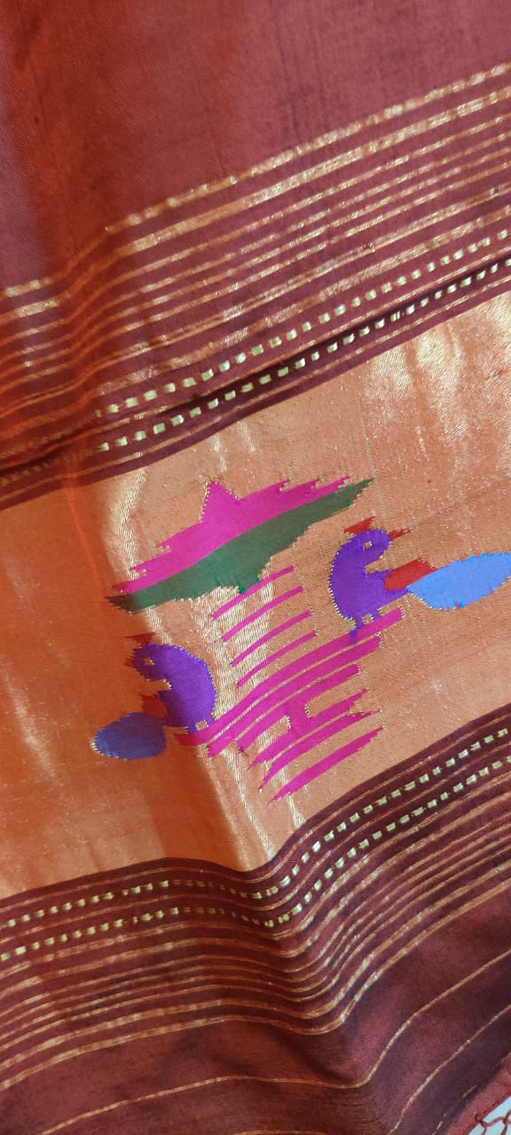 Maroon And Brown Handloom Paithani Pure Silk Peacock Design Dupatta - Luxurion World