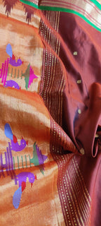 Maroon And Brown Handloom Paithani Pure Silk Peacock Design Dupatta - Luxurion World