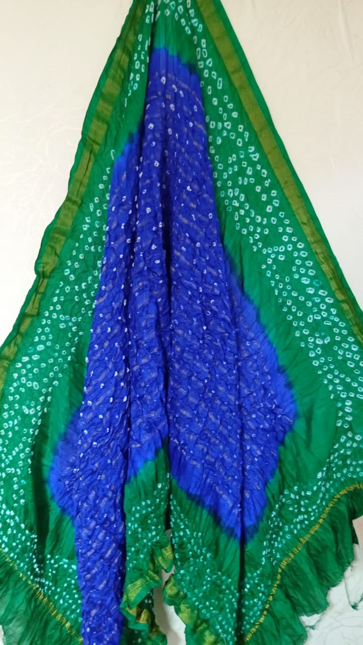 Blue And Green Checks Bandhani Silk Dupatta