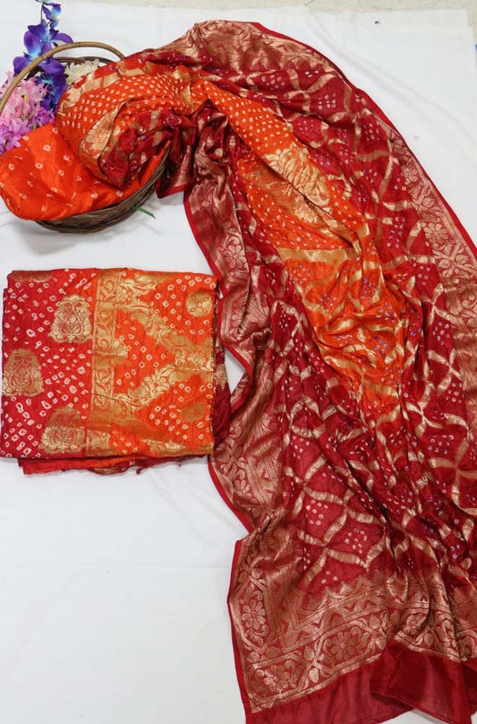 Red and Orange Banarasi Bandhani Silk Three Piece Unstitched Suit Set - Luxurion World
