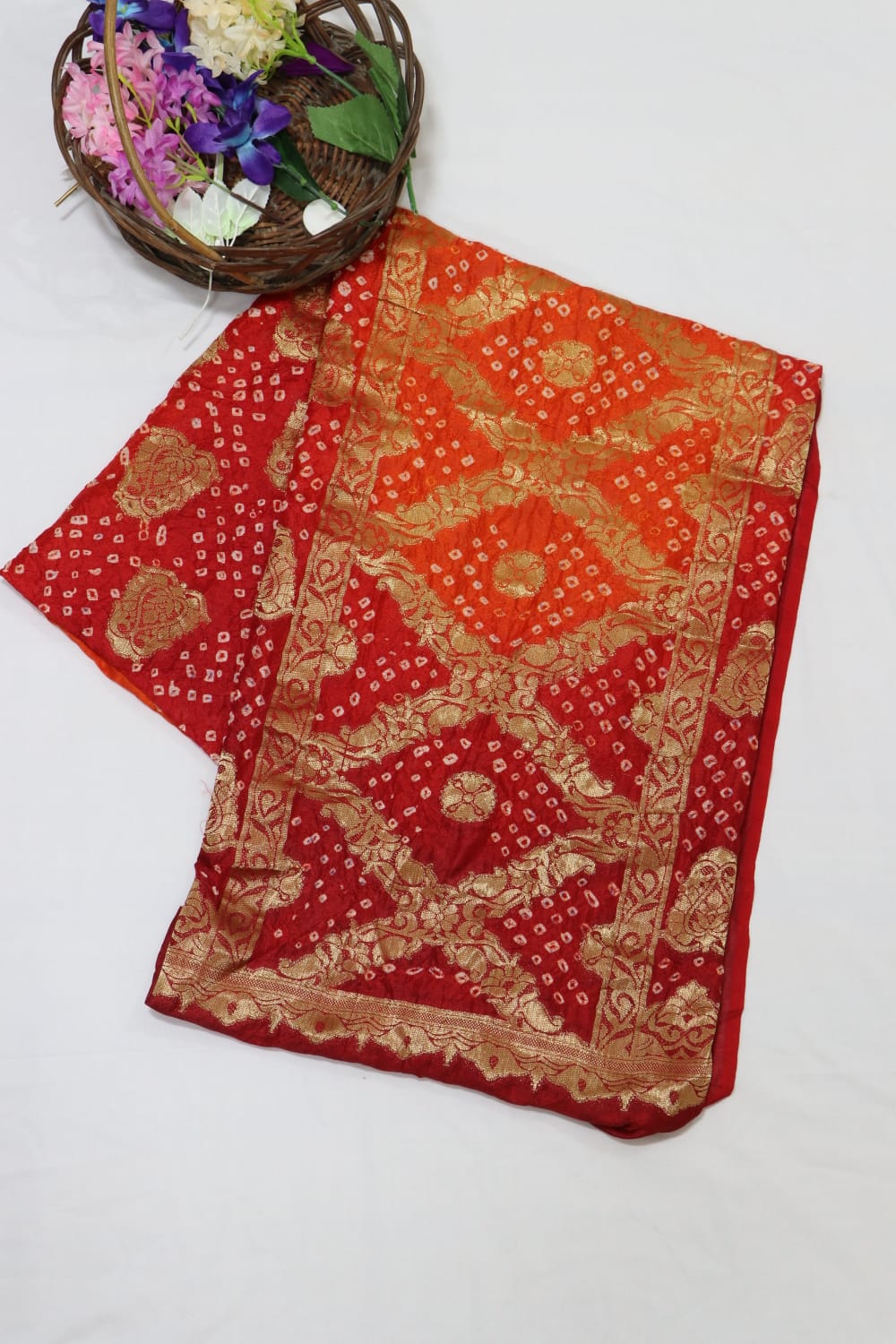 Red and Orange Banarasi Bandhani Silk Three Piece Unstitched Suit Set - Luxurion World