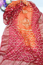 Red and Orange Banarasi Bandhani Silk Three Piece Unstitched Suit Set - Luxurion World