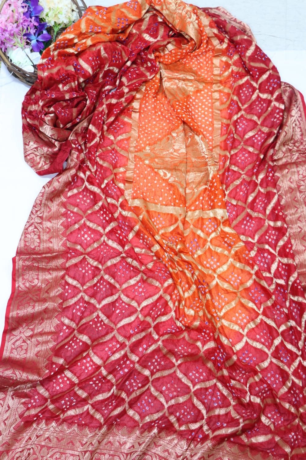 Red and Orange Banarasi Bandhani Silk Three Piece Unstitched Suit Set - Luxurion World
