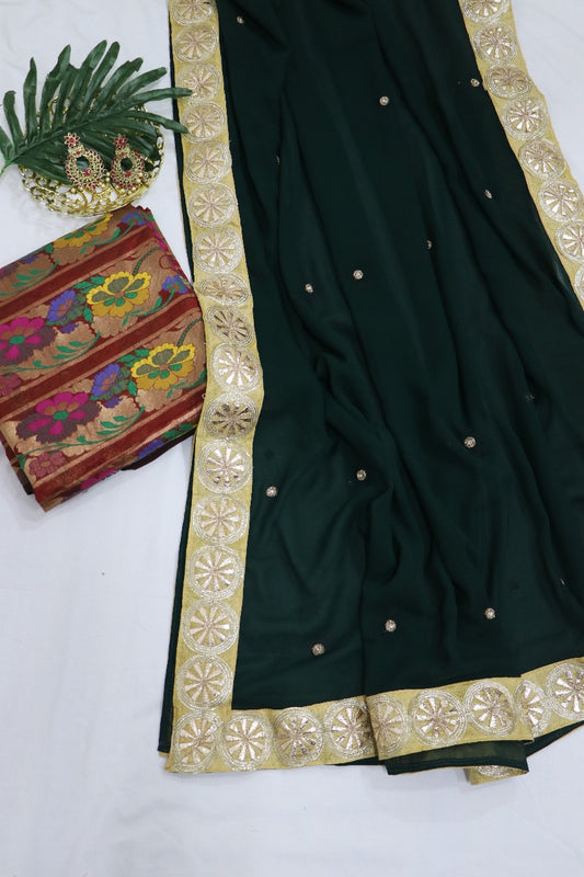 Green Trendy Georgette Heavy Lace Saree With Banarasi Kimkhwab Blouse - Luxurion World