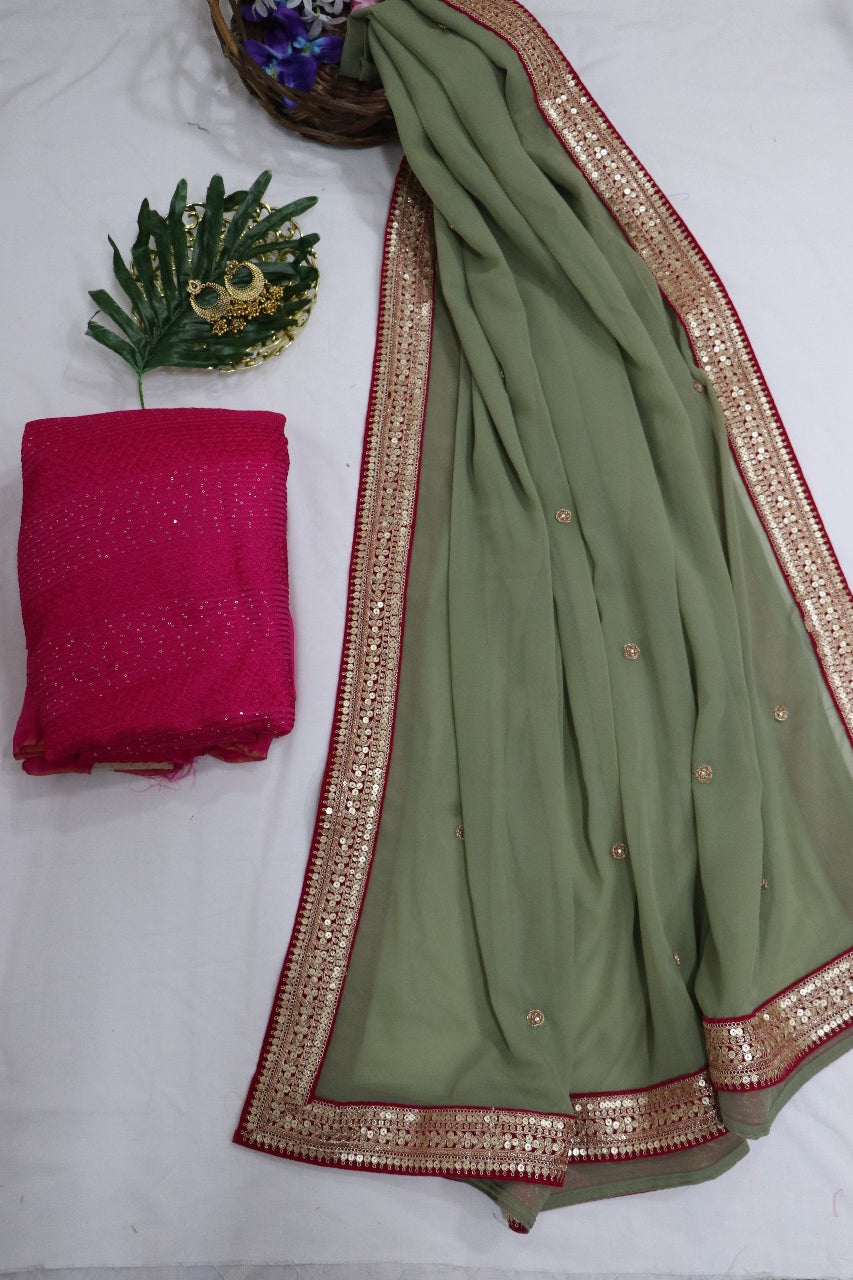 Grey Trendy Georgette Heavy Lace Saree With Trendy Blouse - Luxurion World