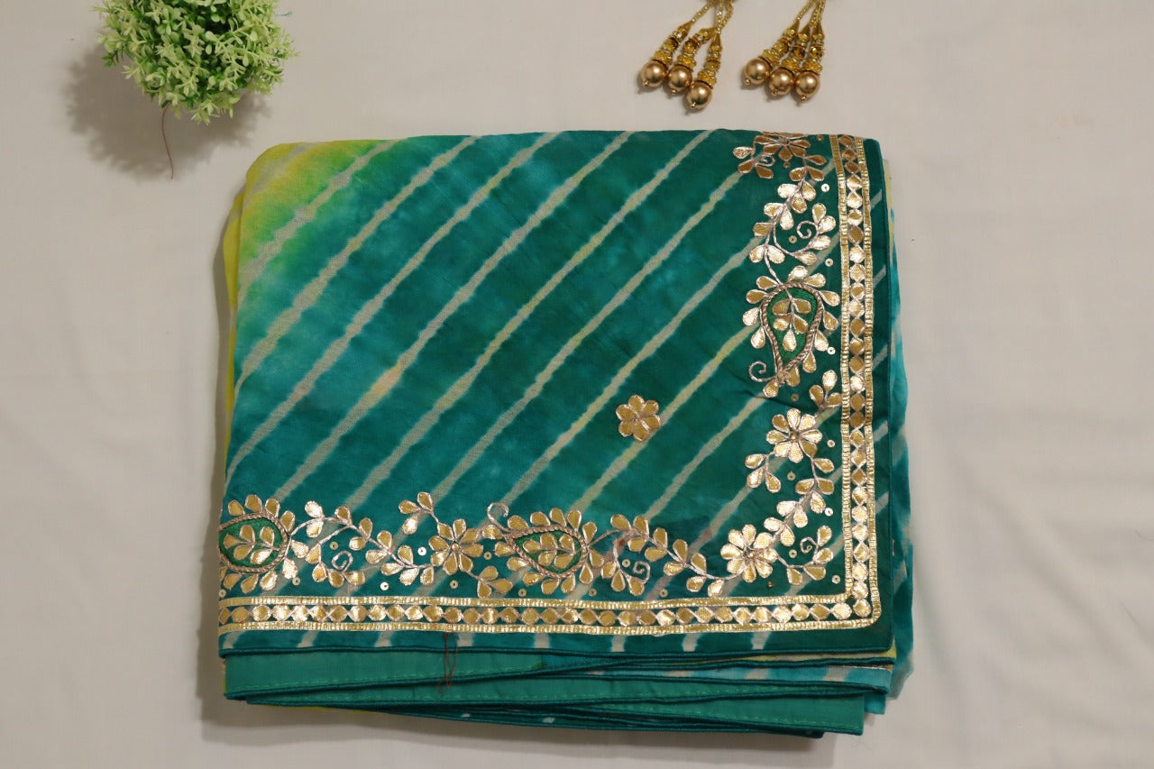 Green Leheriya With Gota Patti Work Pure Organza Saree - Luxurion World