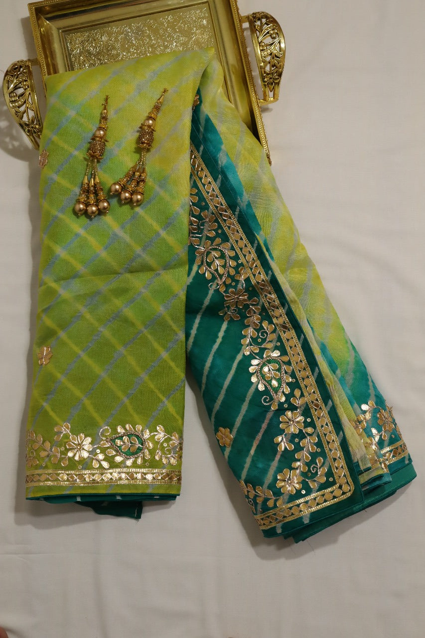 Green Leheriya With Gota Patti Work Pure Organza Saree - Luxurion World