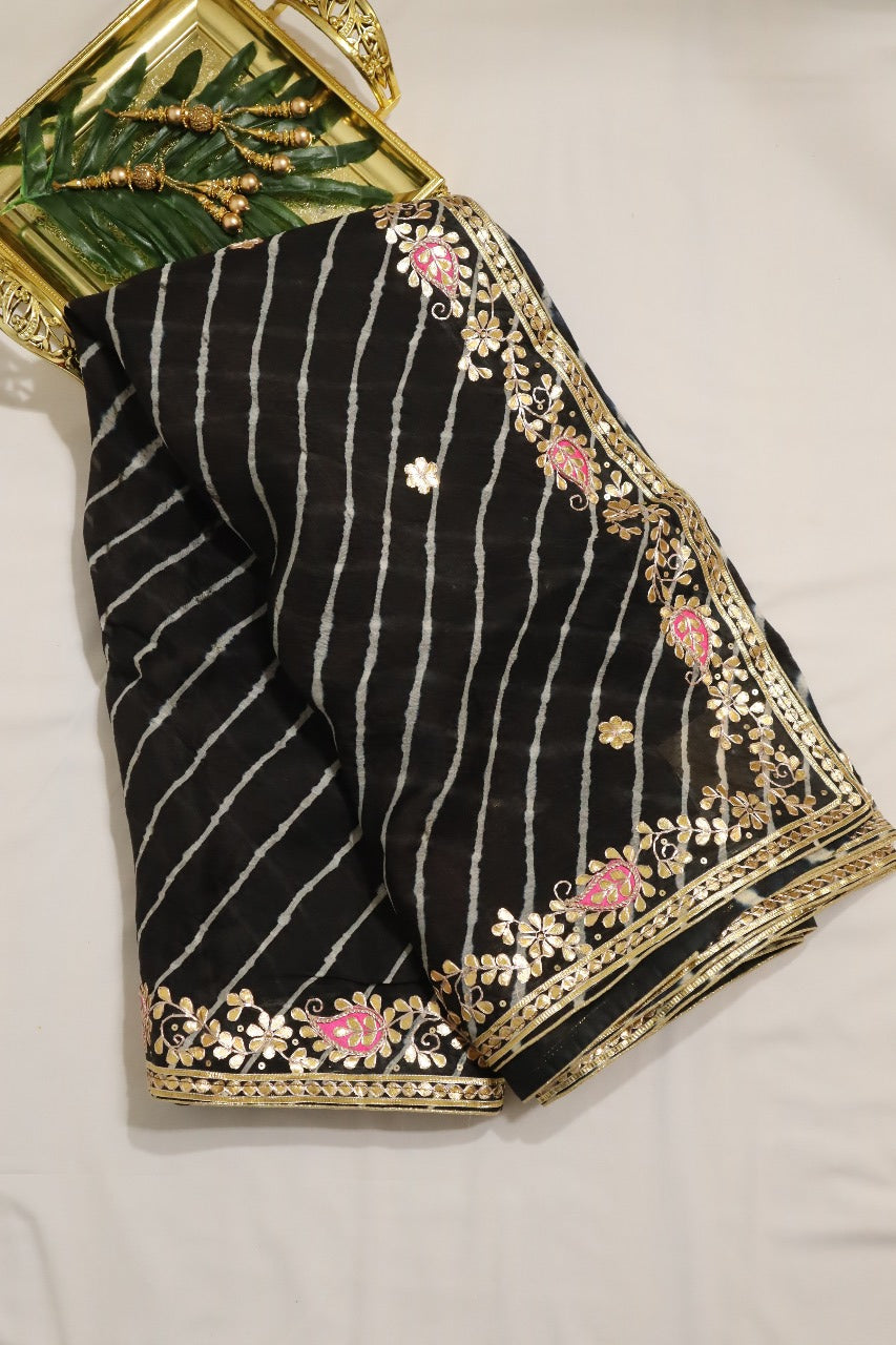 Black Leheriya With Gota Patti Work Pure Organza Saree - Luxurion World