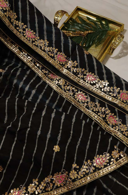 Black Leheriya With Gota Patti Work Pure Organza Saree - Luxurion World