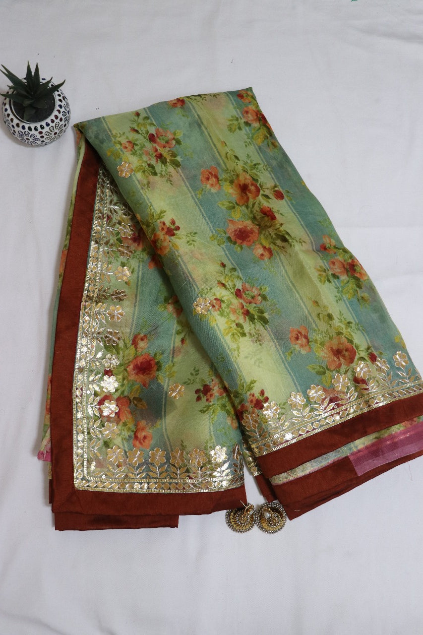 Multicolor Digital Print With Gota Patti Work Pure Organza Saree - Luxurion World