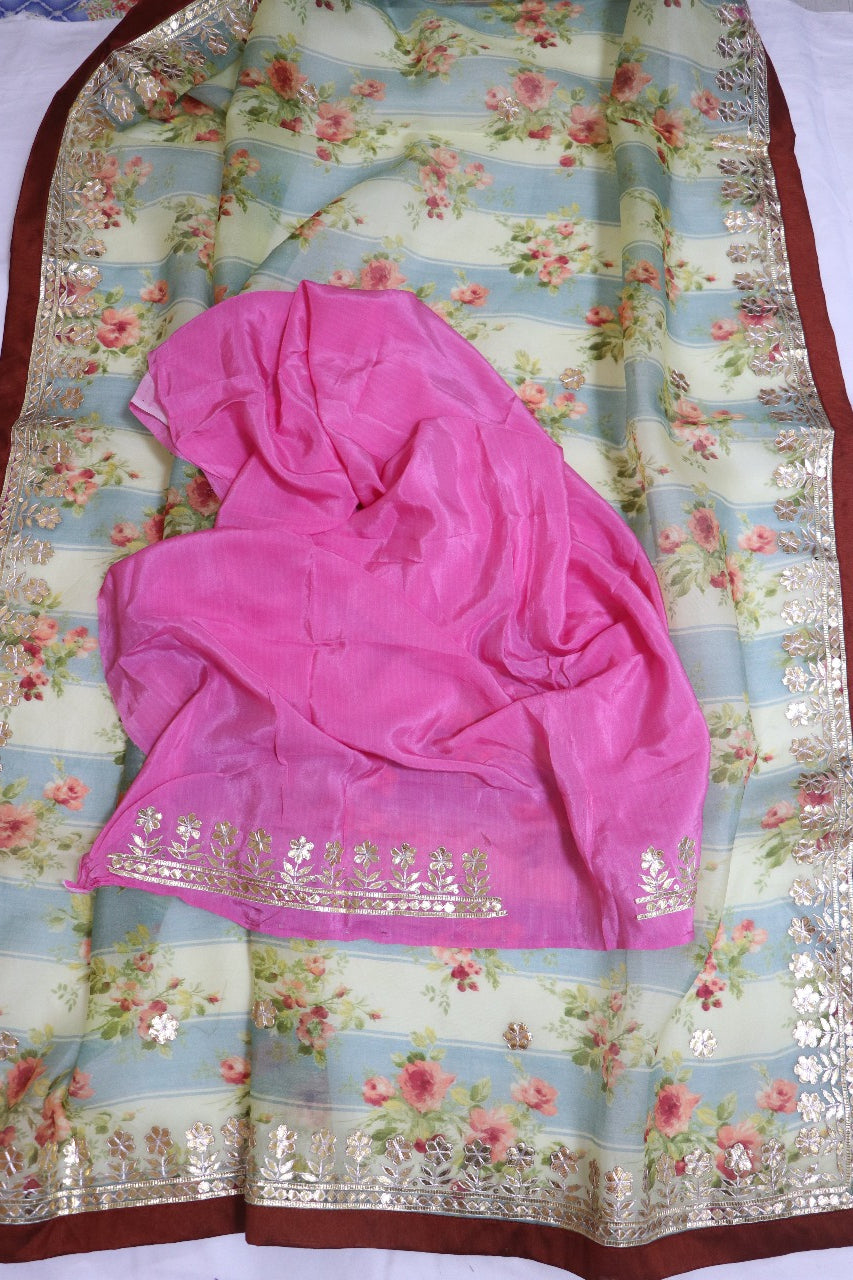 Multicolor Digital Print With Gota Patti Work Pure Organza Saree - Luxurion World