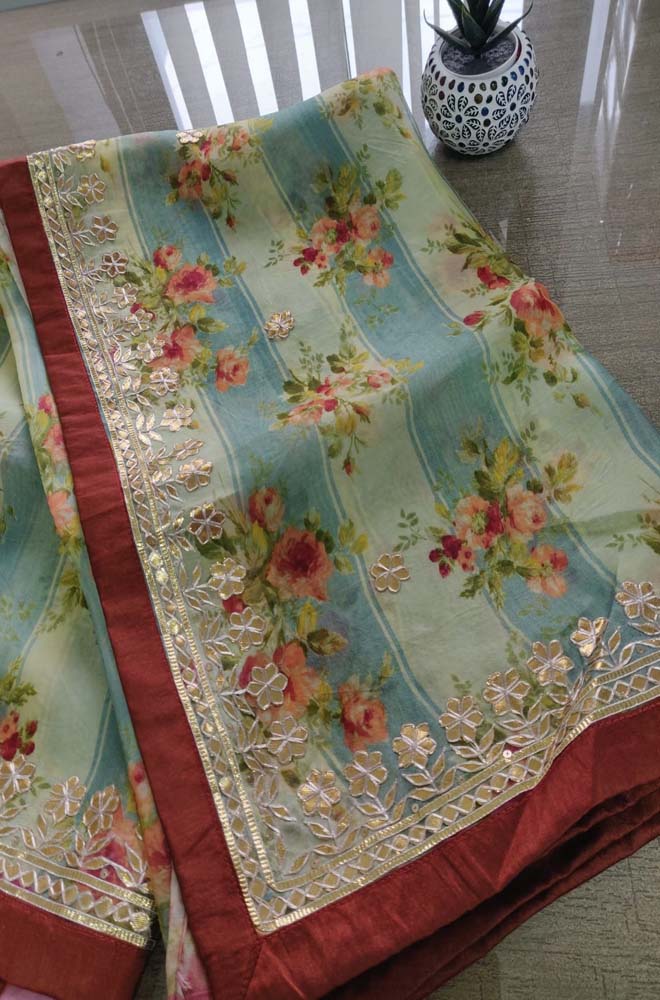 Multicolor Digital Print With Gota Patti Work Pure Organza Saree - Luxurion World