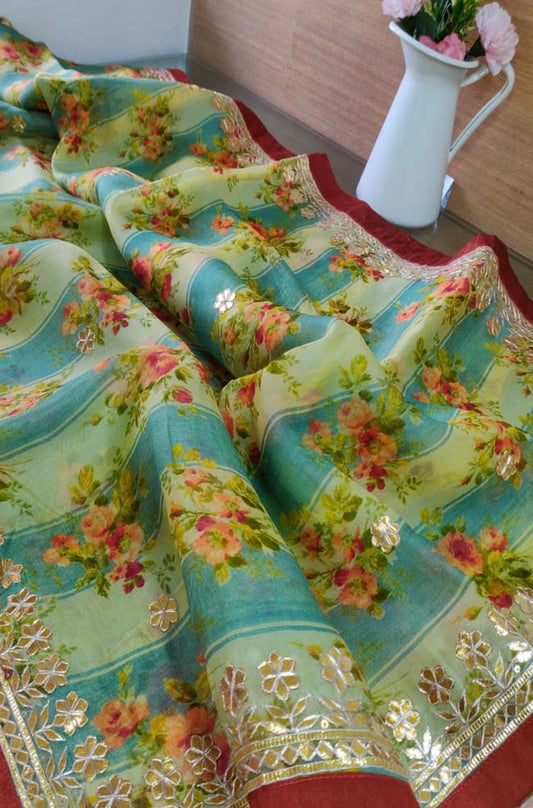 Multicolor Digital Print With Gota Patti Work Pure Organza Saree - Luxurion World