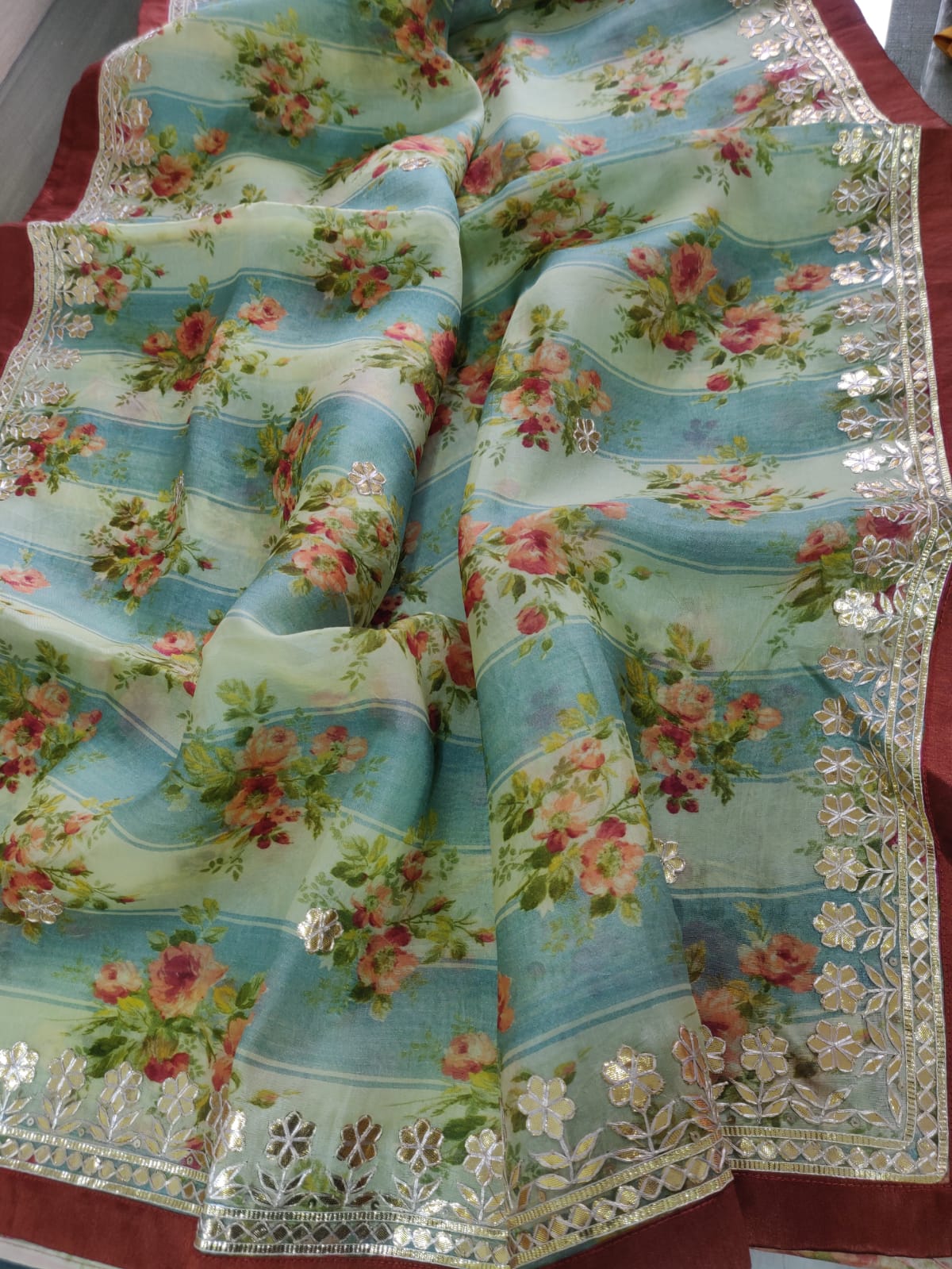 Multicolor Digital Print With Gota Patti Work Pure Organza Saree - Luxurion World