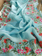 Blue Embroidered Trendy Pure Organza Silk French Knot Saree - Luxurion World
